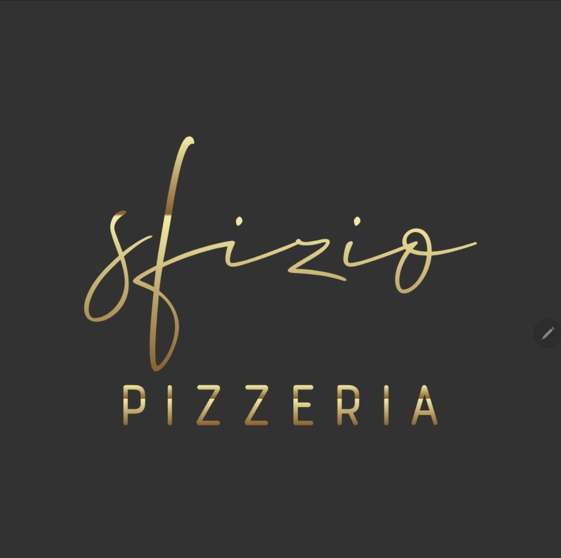 Logo for Shizio Pizzeria featuring gold cursive text on a dark gray background.