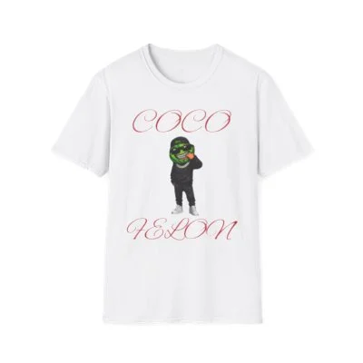 White T-shirt with text 'COCO' and 'H&M' in pink cursive font, and a cartoon character with a green face and black hoodie in the center.