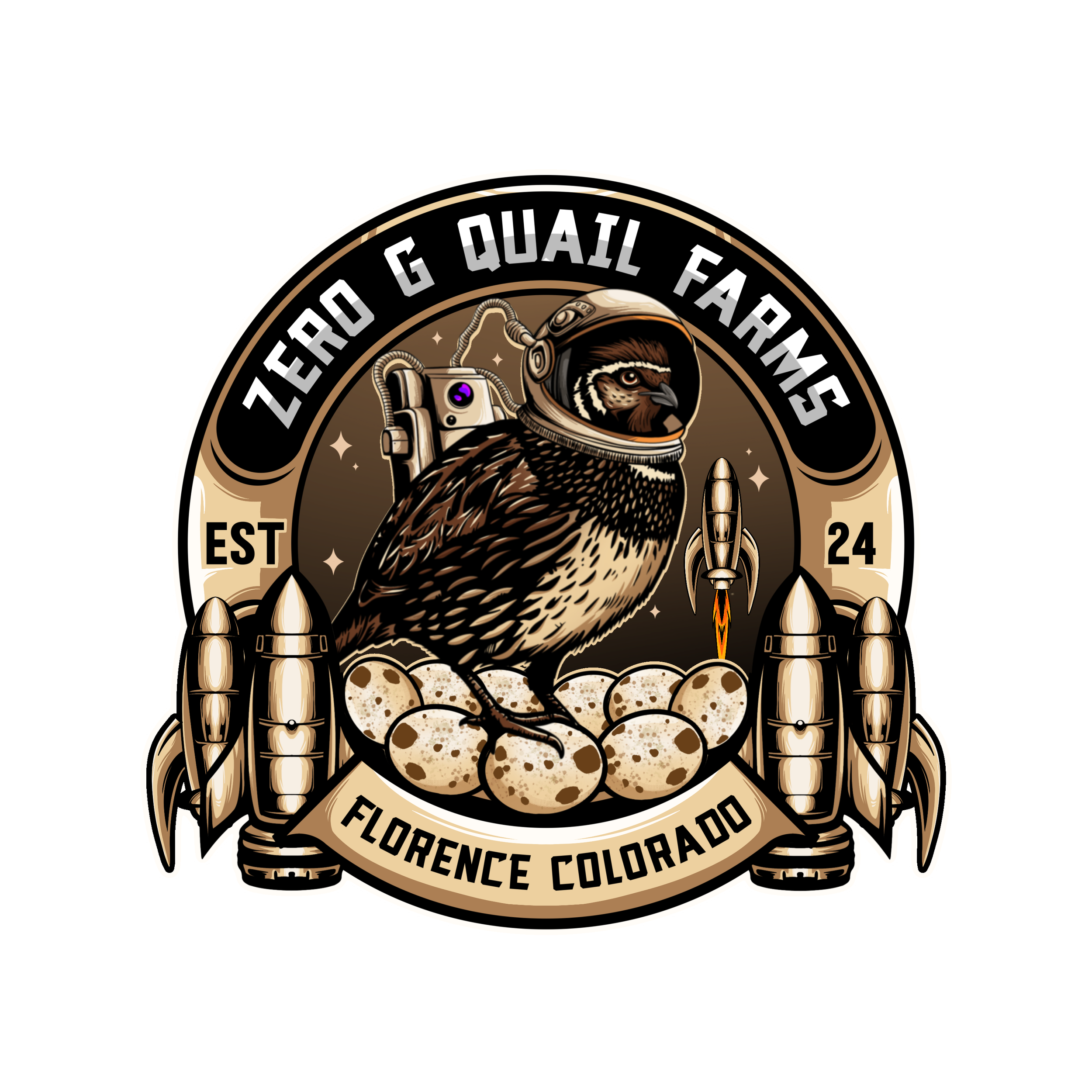 A logo for Zero G Quail Farm, located in Florence, Colorado, featuring a quail wearing a space helmet, a rocket, and an egg with quail chicks, surrounded by rockets and stars.