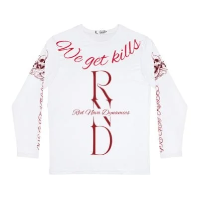 White long-sleeve shirt with red text that reads 'We get kills' and 'Bad Ass Dynasty,' featuring a large red 'R' and 'D' on the front, and red script on the sleeves.
