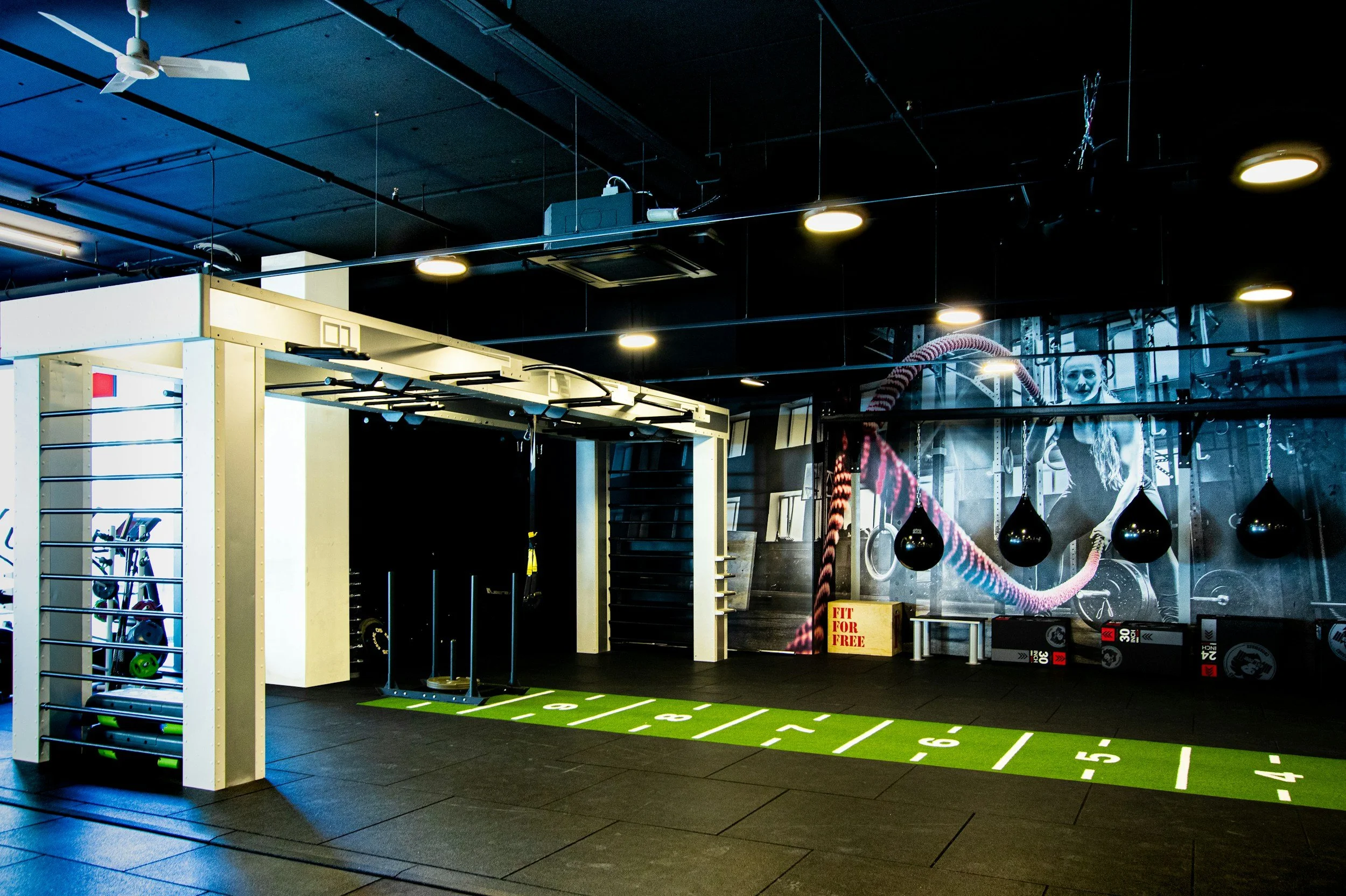 Interior of a modern gym with workout equipment, black ceiling with industrial lights, a glass wall with a fitness mural, a green sports track on the floor, and weightlifting gear on shelves.