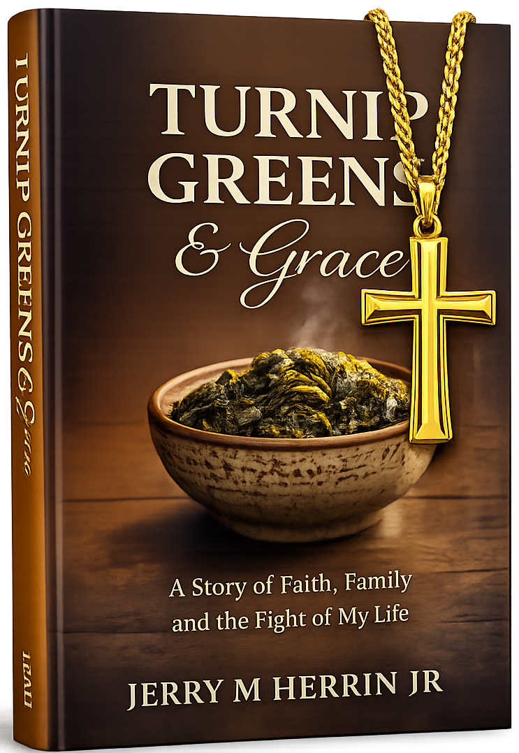 Book cover of "Turning Green & Grace" by Jerry M. Herrin Jr., featuring a steaming bowl of greens and a gold cross necklace.