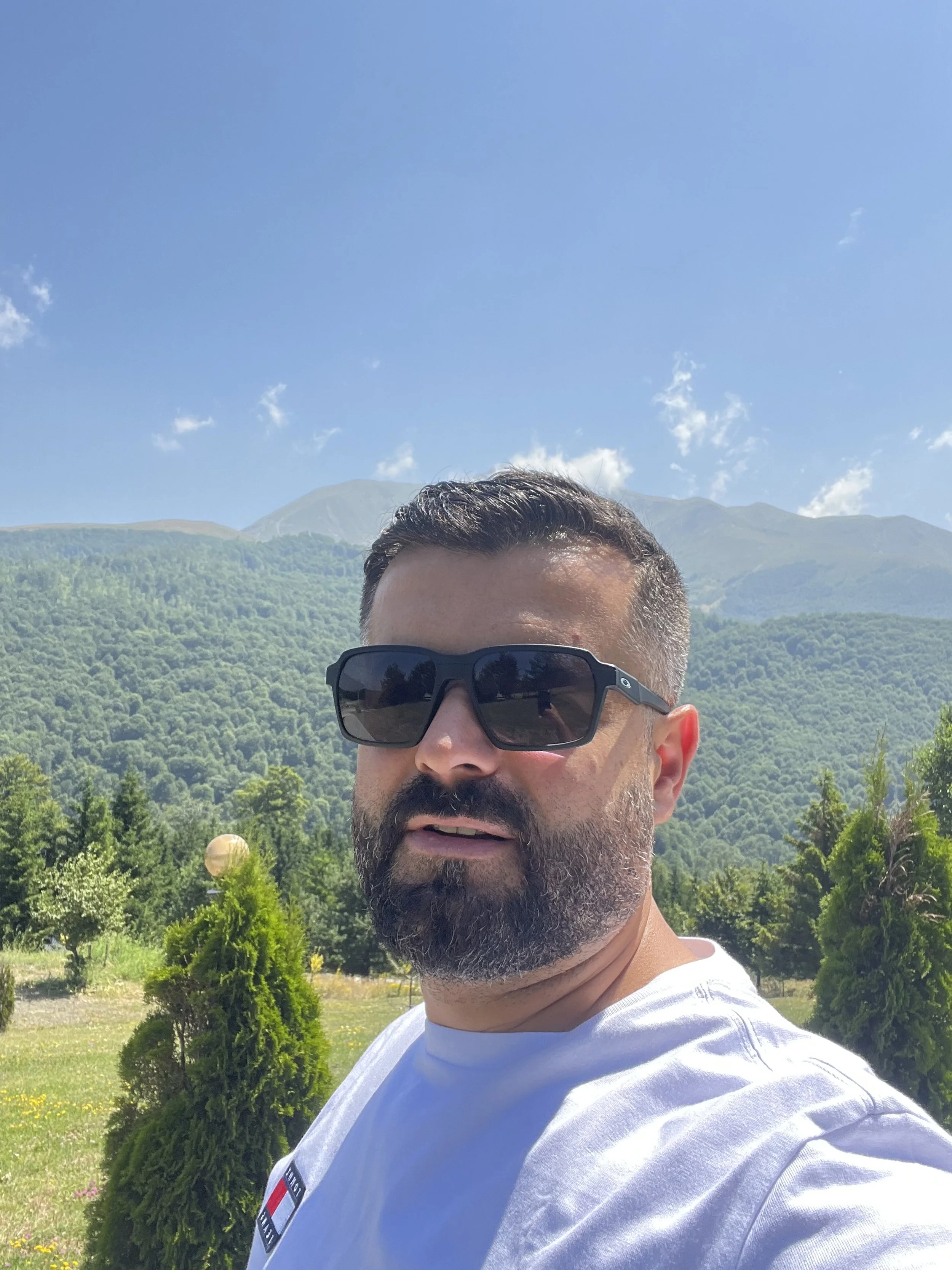 A man with dark hair and a beard wearing sunglasses and a white t-shirt takes a selfie outdoors with a mountain and green trees in the background on a sunny day.