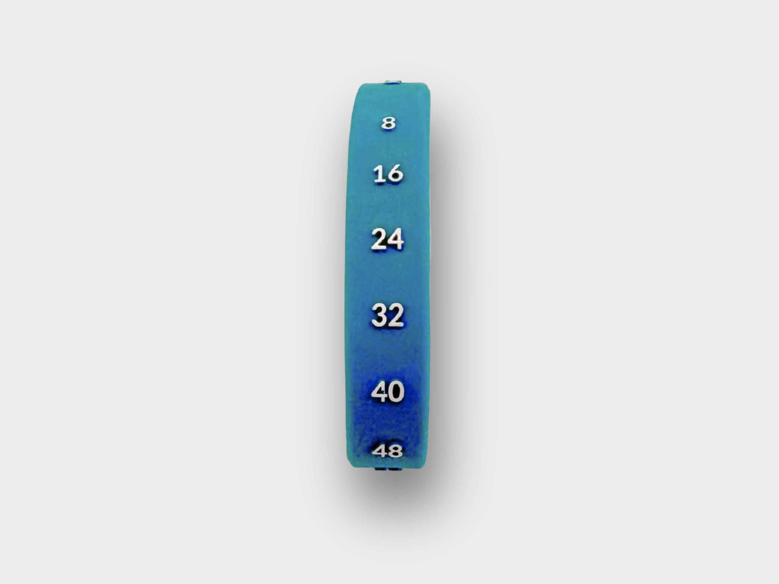A blue wristband with white numbers: 8, 16, 24, 32, 40, 48, arranged vertically, displaying skip counting of the number 8.