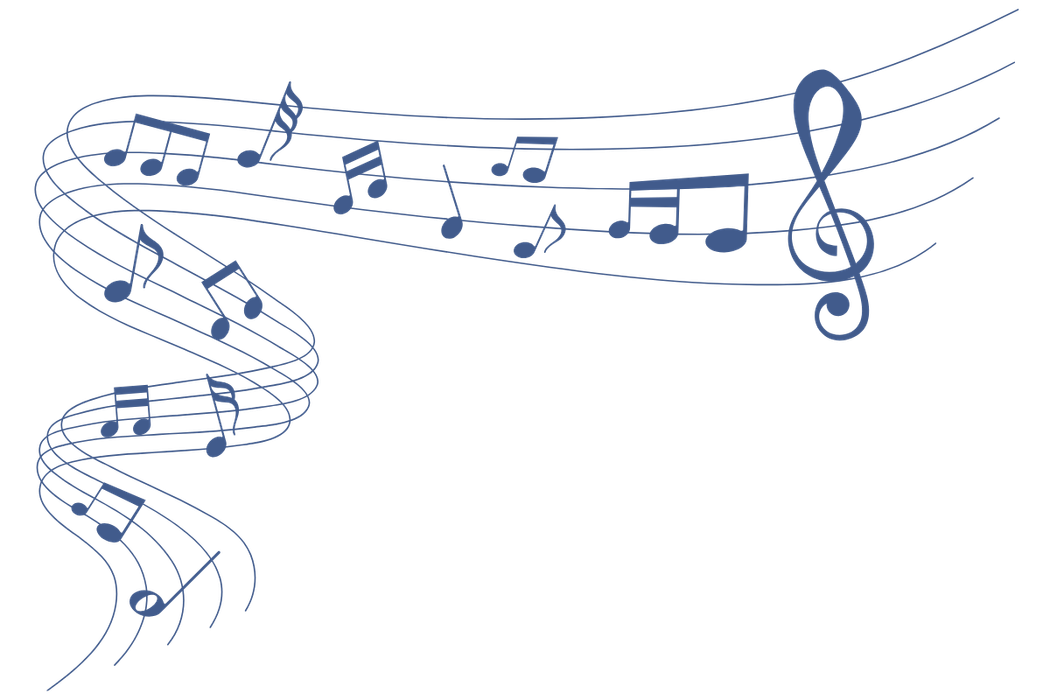 Blue musical notes and staff lines flowing in a swirling pattern against a black background.