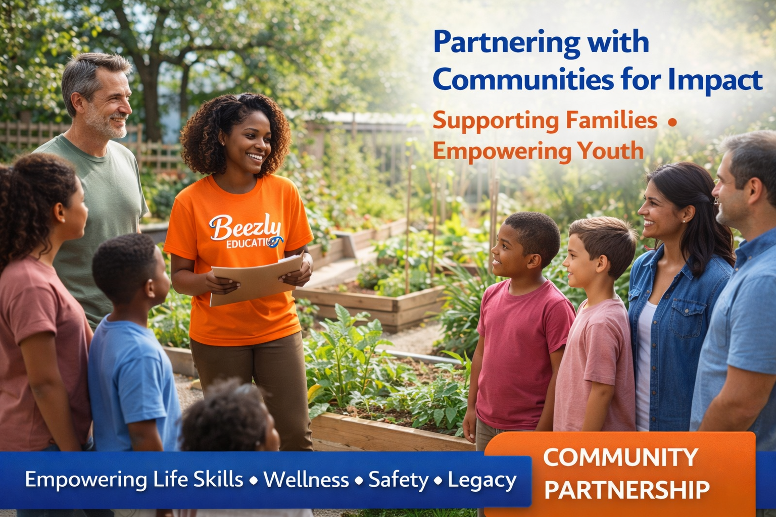Group of people gathered in a garden, listening to a young woman in an orange shirt, with text overlay about community partnership supporting families and youth, promoting life skills, wellness, safety, and legacy.
