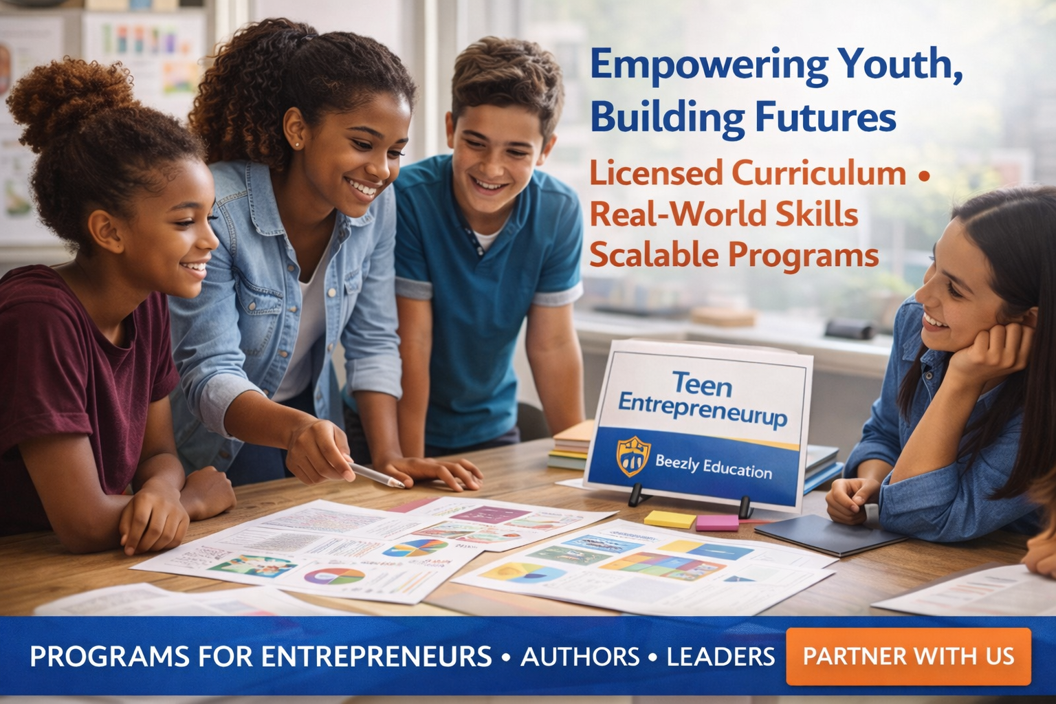 A group of four diverse teenagers collaborating on a project at a table with colorful charts and papers, in a classroom setting. Text overlay promotes youth empowerment programs with phrases like 'Empowering Youth, Building Futures,' 'Licensed Curriculum,' 'Real-World Skills,' 'Scalable Programs,' and 'Teen Entrepreneaurp' by Beezly Education. A blue banner at the bottom highlights programs for entrepreneurs, authors, and leaders, with a button for partnership.