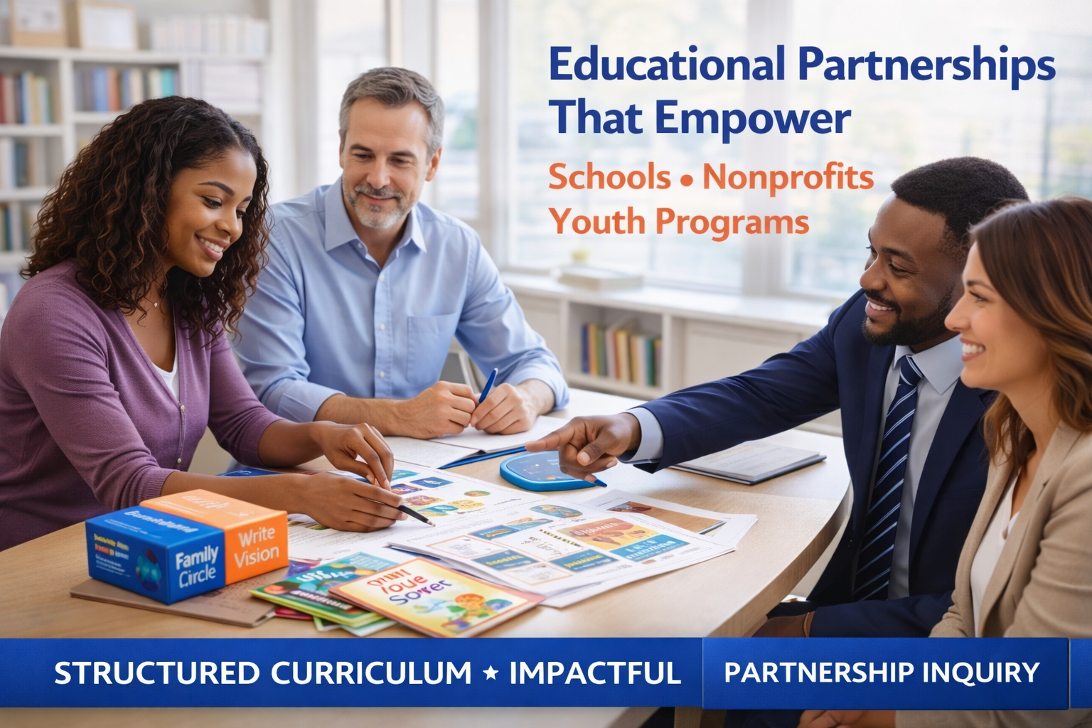A diverse group of four adults sitting around a table engaging in a discussion, with educational materials and books. The overlay text emphasizes partnerships that empower schools, nonprofits, and youth programs and highlights structured curriculum, impactful partnership inquiries.