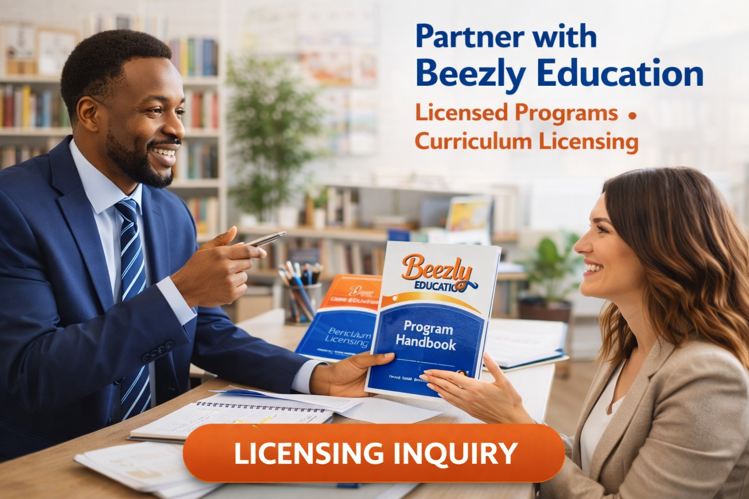 A man in a navy suit and a woman in a beige blazer exchanging a program handbook in an office or library setting, with a banner in the background that reads "Partner with Beezly Education" and "Licensed Programs · Curriculum Licensing," and a large orange button at the bottom labeled "Licensing Inquiry."