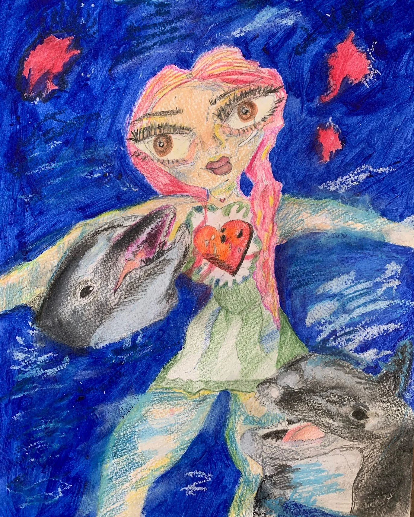 A colorful drawing of a girl with pink hair, big eyes, and a heart-shaped necklace, with a blue background and three dolphins around her.