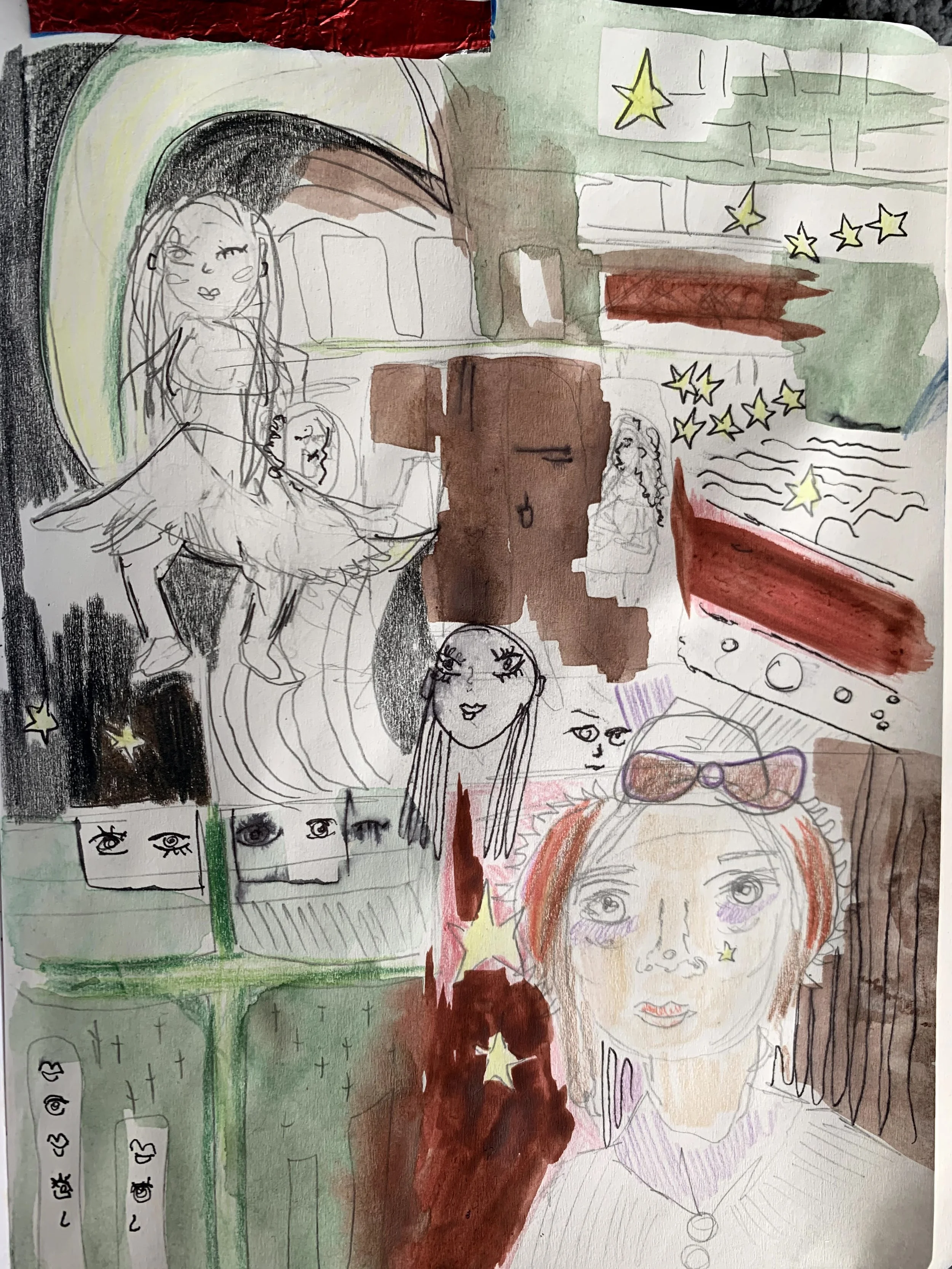 A mixed media artwork featuring sketches and paintings of several women with distinct facial features and hairstyles. The background includes abstract colorful shapes, stars, and patterns, with some sections resembling eyes, books, or decorated furni