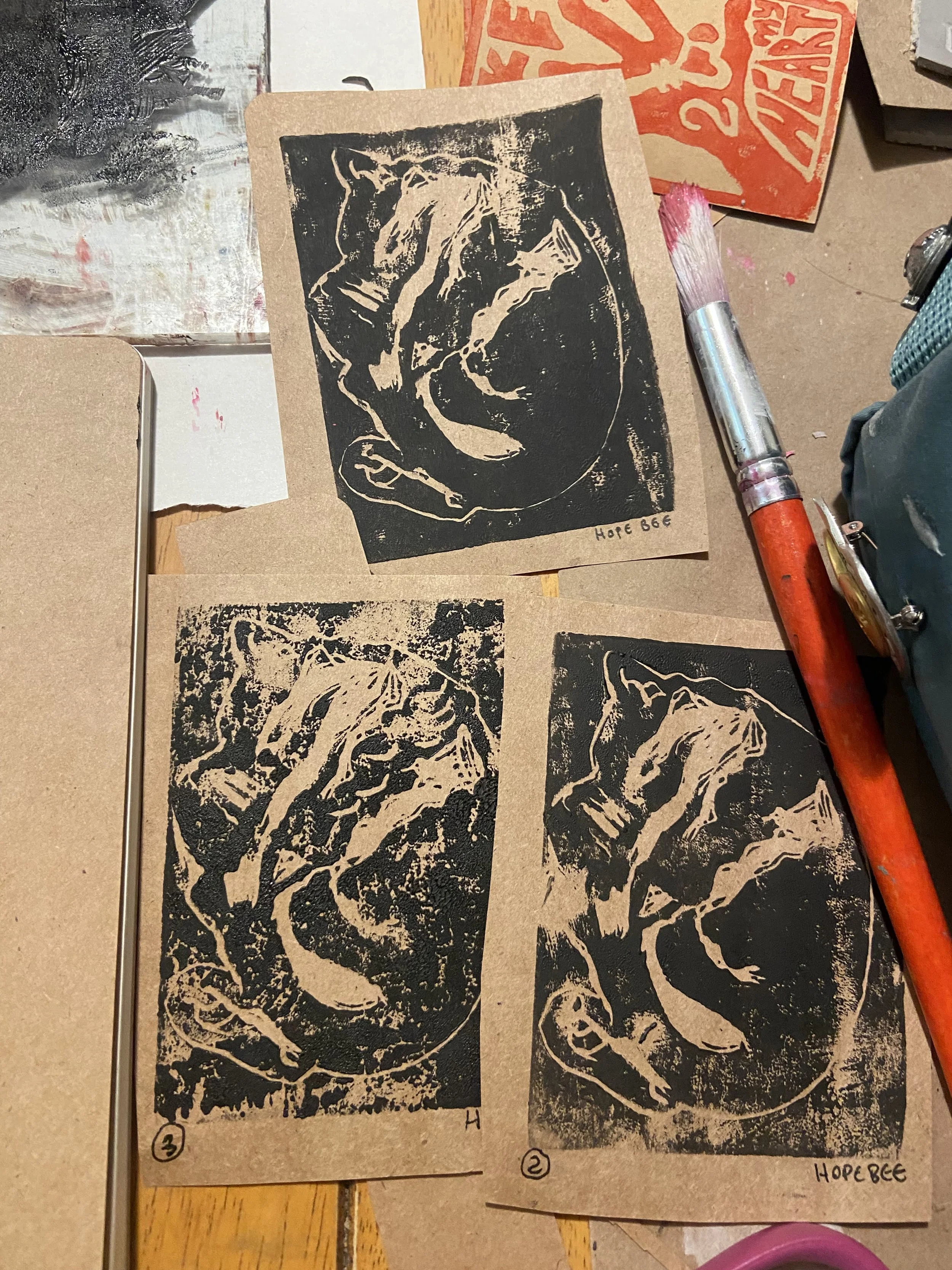 "meow" linocut