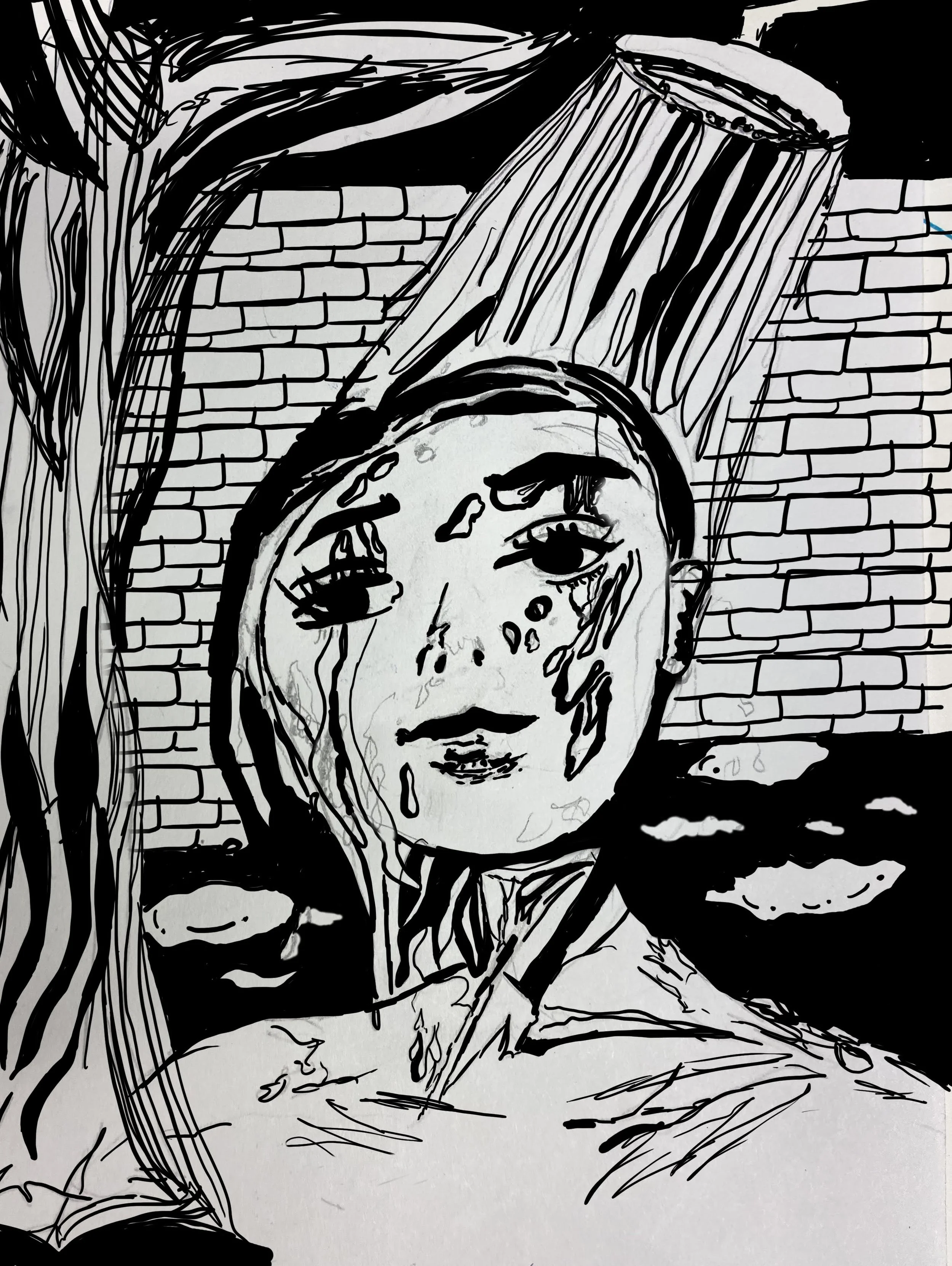 Black and white sketch of a woman's face with tears, set against a brick wall background, with a wooden beam leaning above her head.