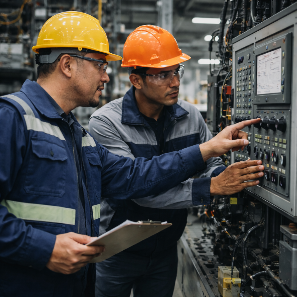 Consultor de calidad acompañando a un operador en el ajuste y validación de parámetros de una máquina en planta automotriz