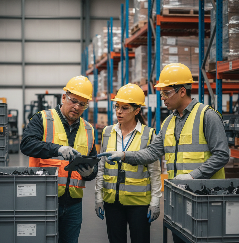 Consultores de Global Tier realizando una evaluación de calidad en el almacén de un proveedor automotriz, revisando componentes y estándares de empaque bajo normativas internacionales