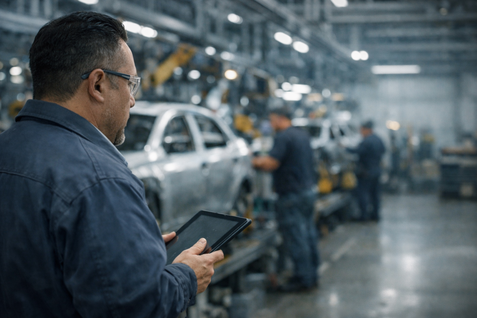 Consultor experto en ingeniería de calidad observando un proceso de producción automotriz durante una auditoría en planta