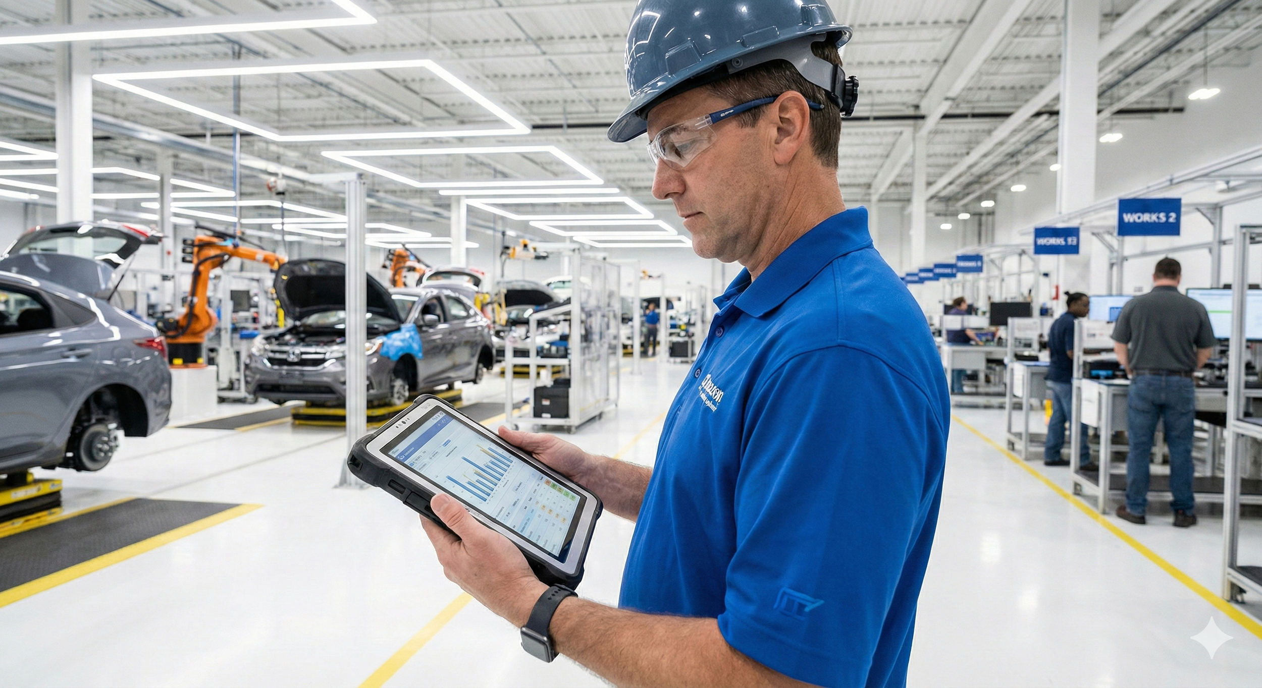 Ingeniero de manufactura revisando información en tablet dentro de planta automotriz moderna y organizada.