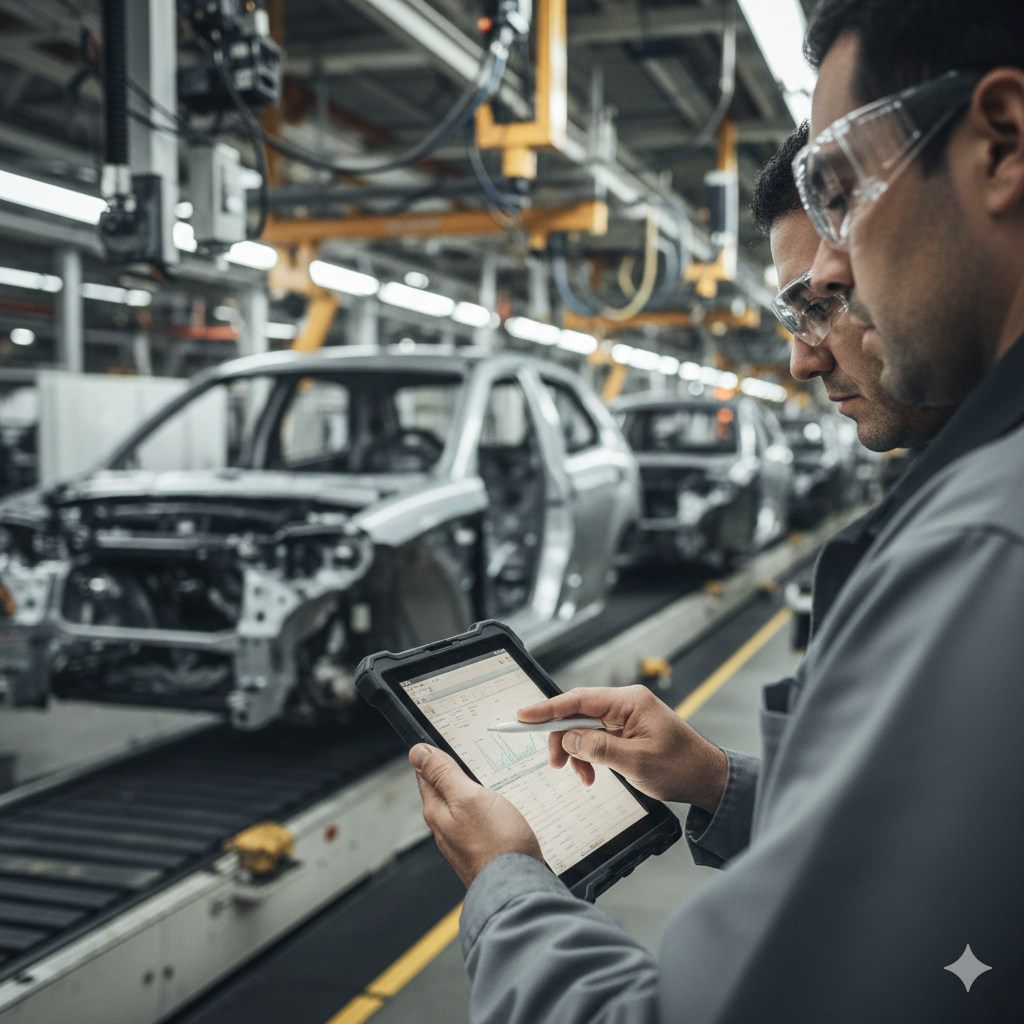 Especialista en ingeniería de calidad analizando datos de producción durante una revisión en línea de ensamblaje automotriz