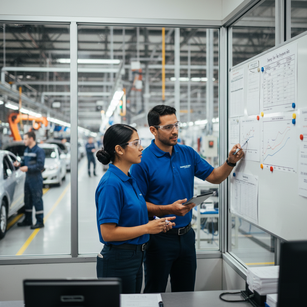 Equipo de planta revisando indicadores de control estadístico de procesos y desempeño operativo de forma autónoma en una línea automotriz