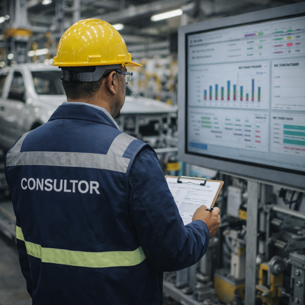 Consultor con equipo de seguridad, revisando un tablero de indicadores en planta de producción