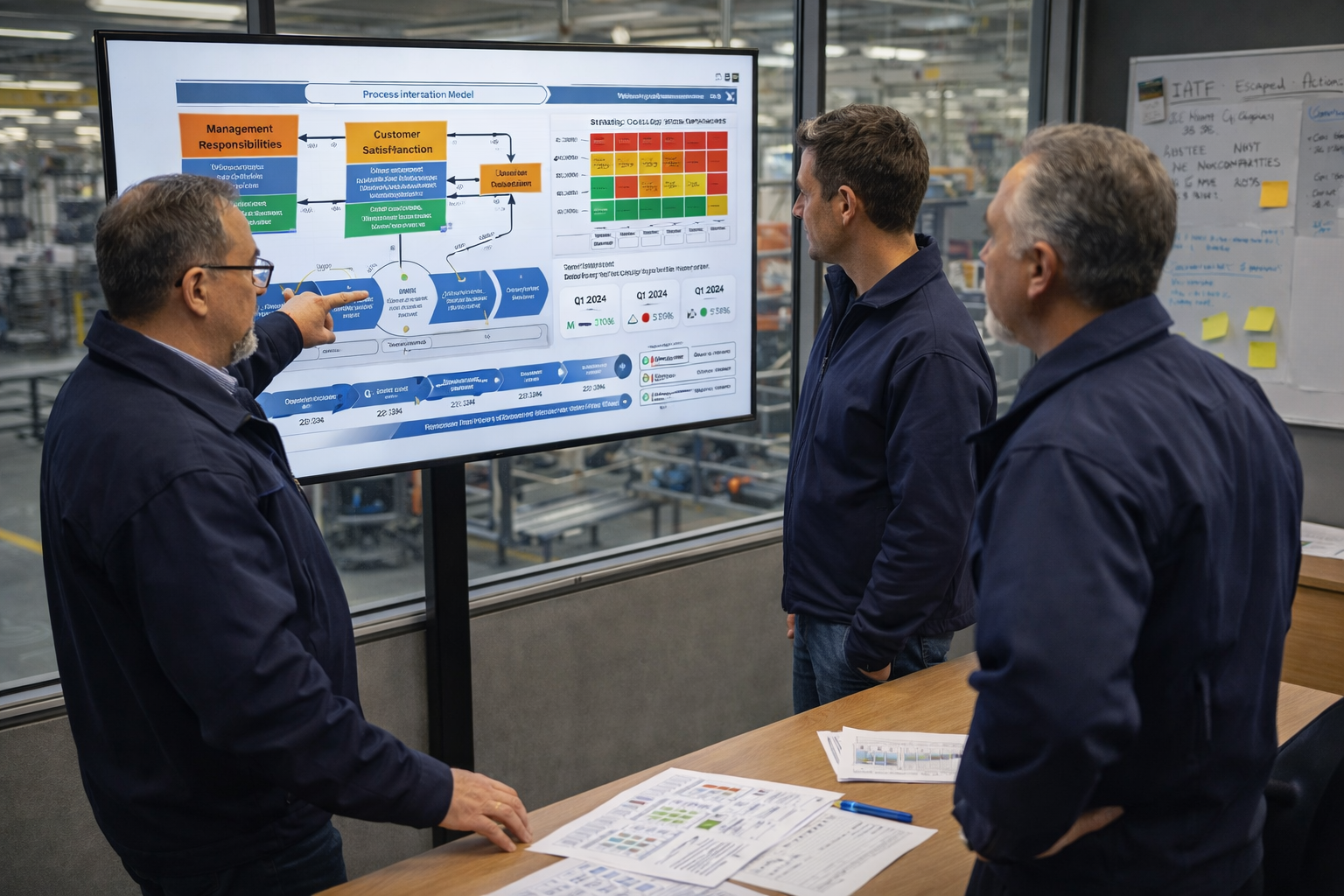 Consultor senior y líderes de planta analizando estrategia de calidad y cumplimiento normativo en entorno automotriz.