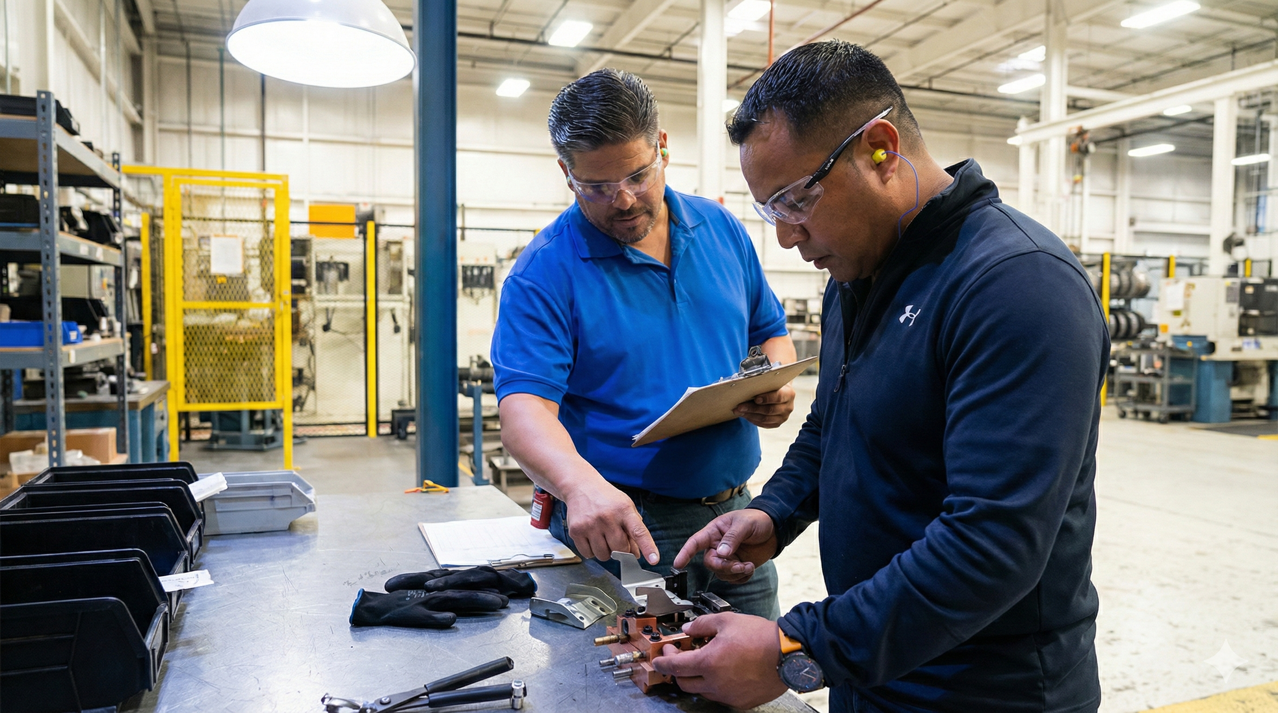 Profesionales de la industria realizando una auditoría de producto en una mesa de trabajo, verificando el cumplimiento normativo de componentes mecánicos.