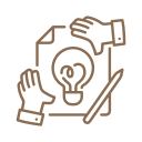 Two hands, one holding a pencil and the other holding a lightbulb with a hand above it, symbolizing collaboration and idea generation.