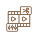 Illustration of video editing software with film clips and playback controls.