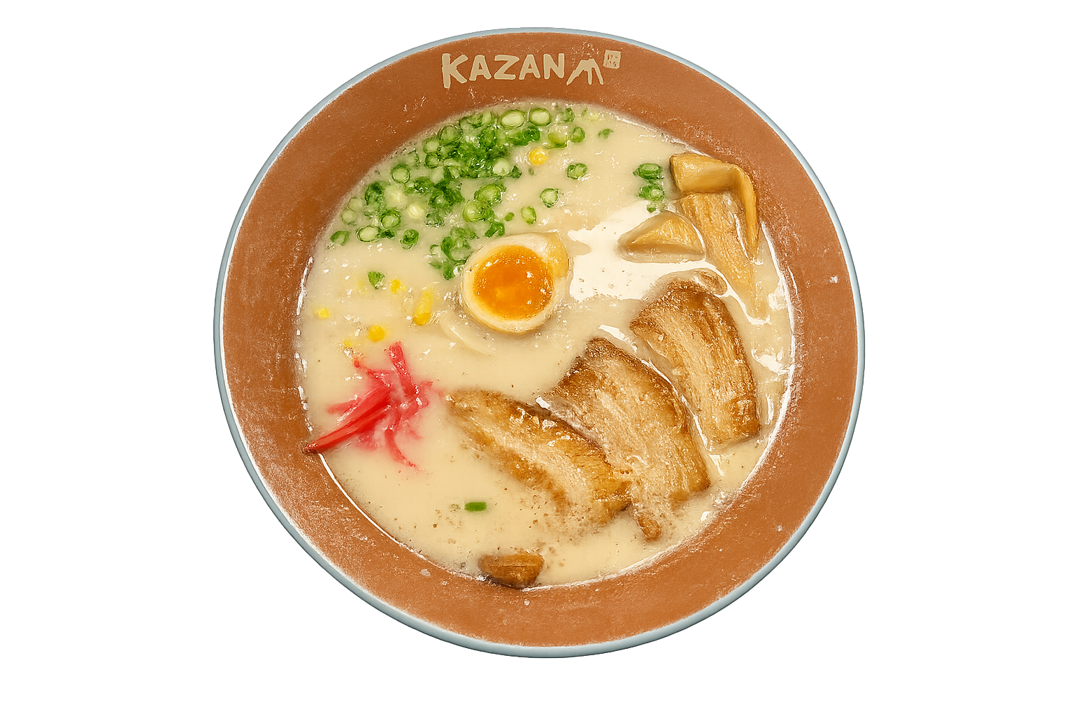 Bowl of Japanese ramen with pork belly, soft-boiled egg, green onions, red pickled ginger, bamboo shoots, and broth, with "KAZAN" written on the bowl.
