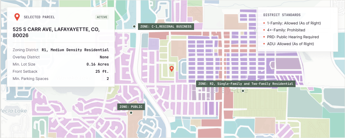 Map showing zoning areas in Lafayette, Colorado, with highlighted parcel at 525 S Carr Ave. details include zoning district, size, setback, and parking, along with district standards for family allowances and public hearings.