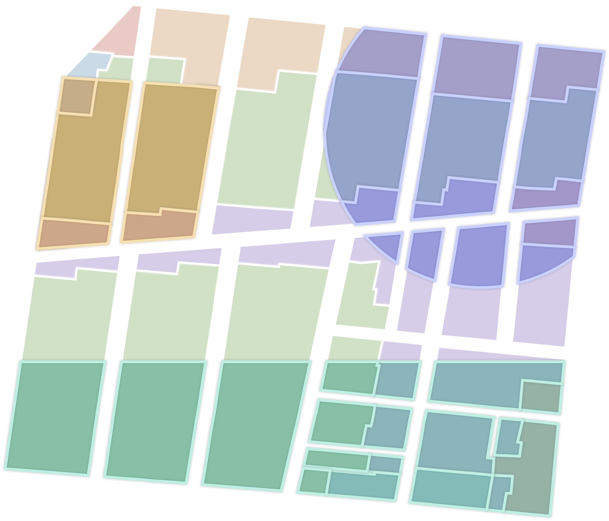 Color-coded floor plan or layout diagram with sections in various pastel shades, outlined in white, against a black background.