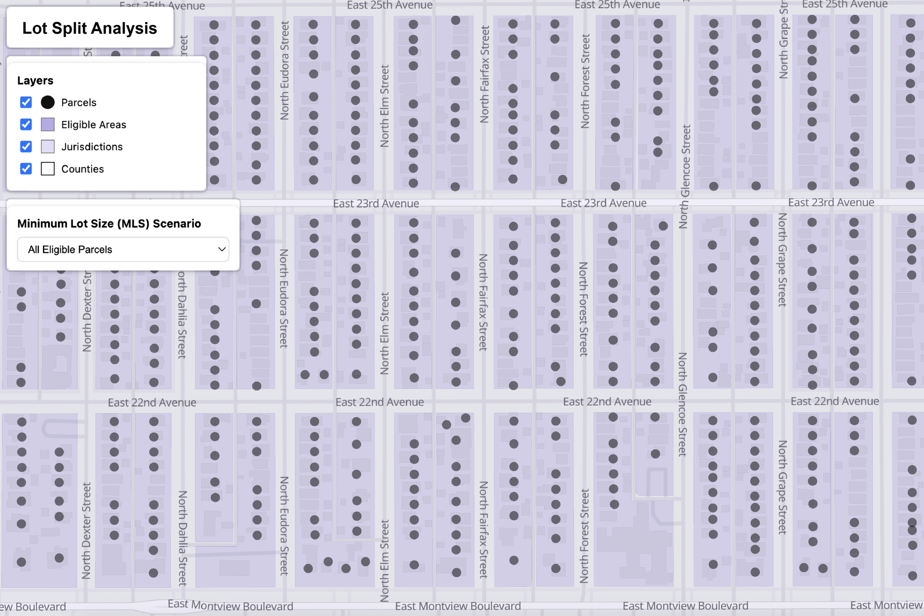Land Use Labs-generated lot split analysis with various layers including parcels, eligible areas, jurisdictions, and counties, and with options to filter layers and minimum lot size scenarios.