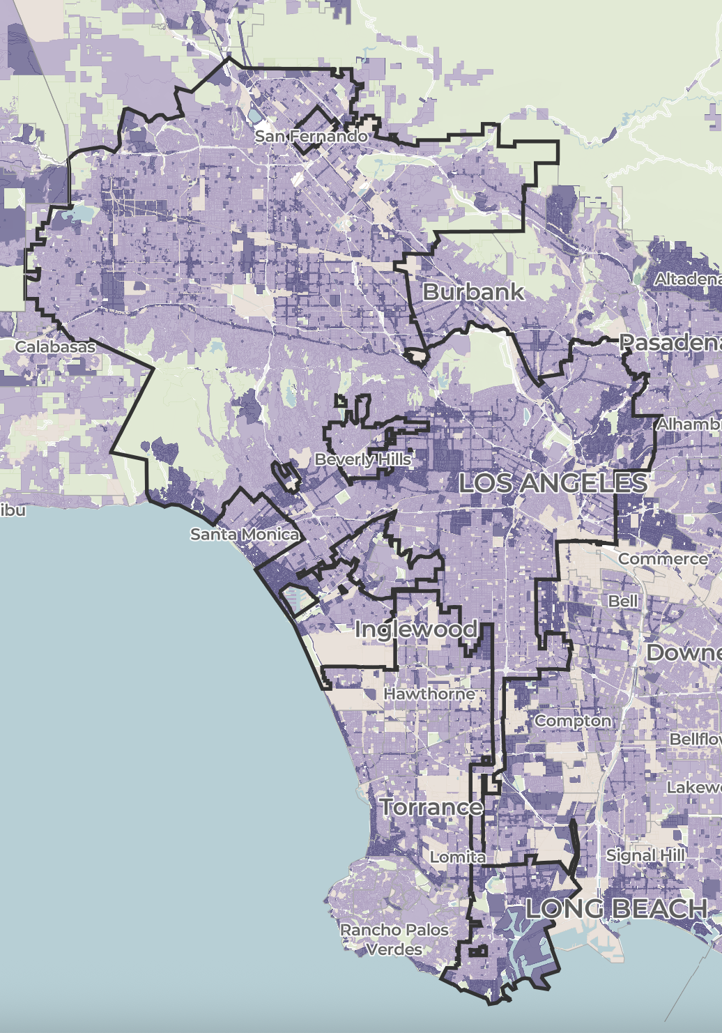 Residential land in Los Angeles shown in purple on the National Zoning Atlas