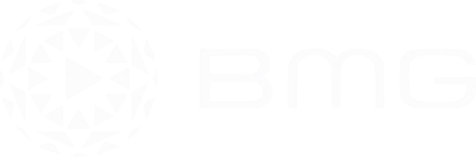 Black background with a white triangular geometric shape forming a play button inside a circle, next to the letters BMG.