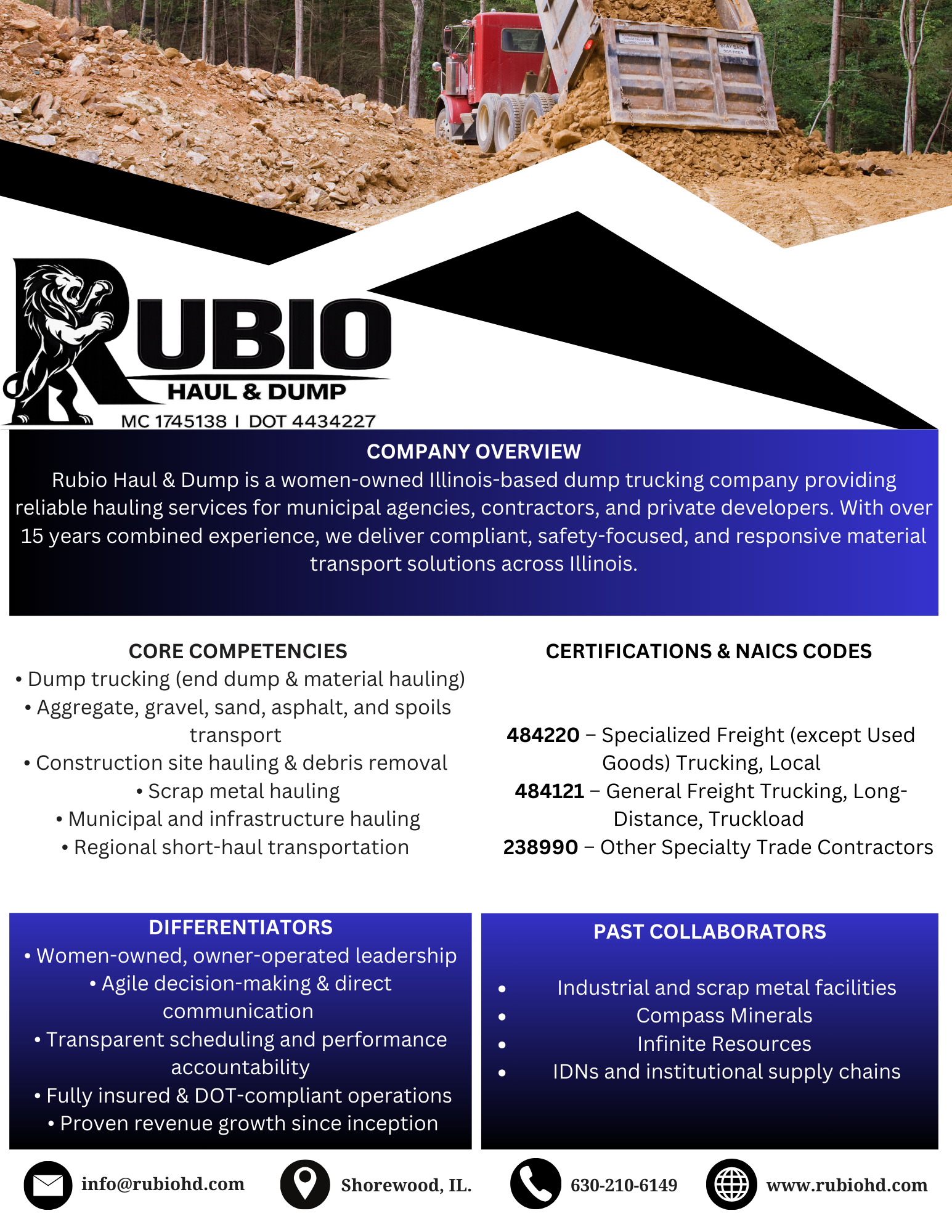 A promotional flyer for Rubio Haul & Dump, a women-owned Illinois-based dump trucking company. The flyer shows a construction site with a red dump truck dumping dirt and a wooded background. The flyer provides company info, core competencies, certifi