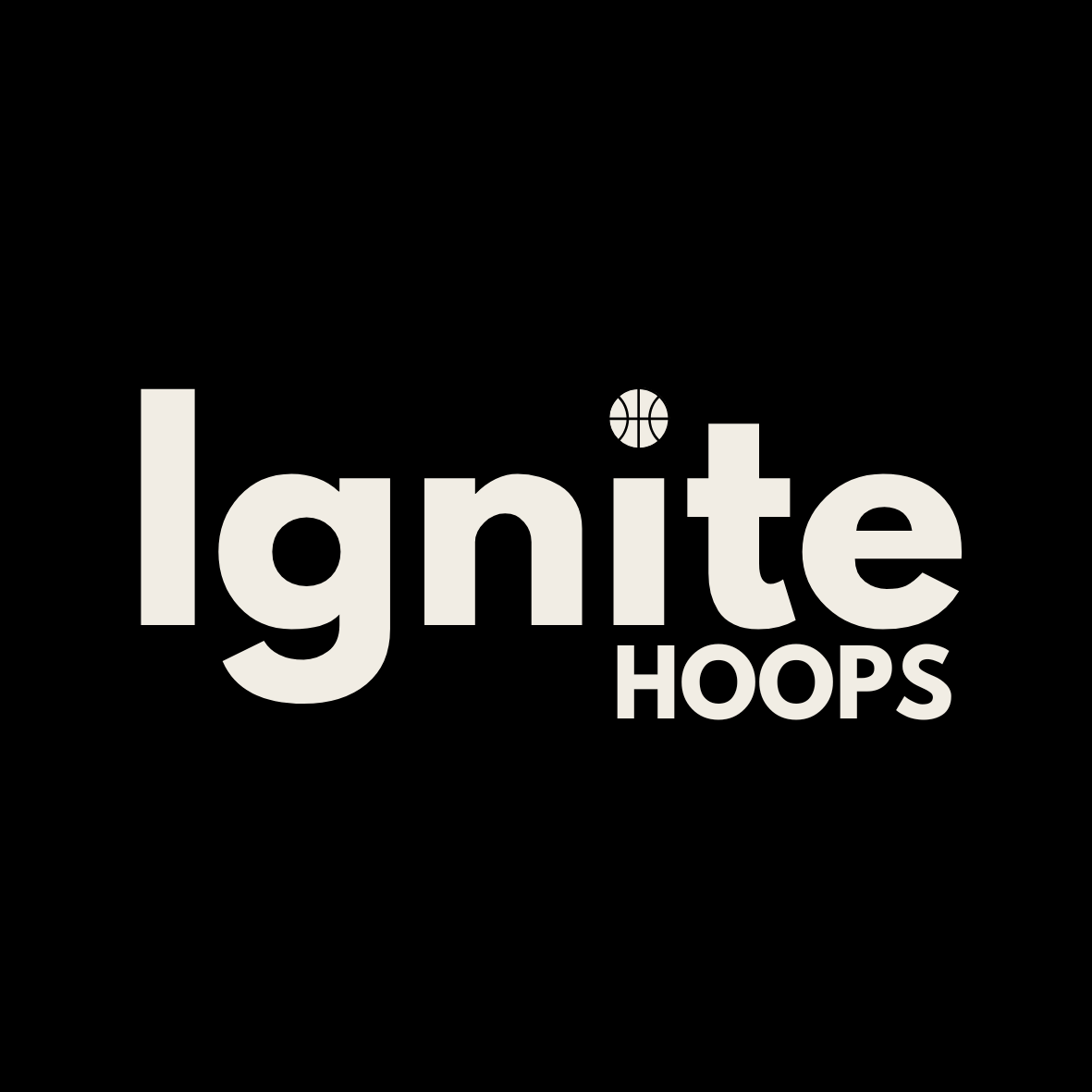 Logo for Ignite Hoops featuring a basketball graphic integrated into the letter 'i' in 'ignite' on a black background with white text.