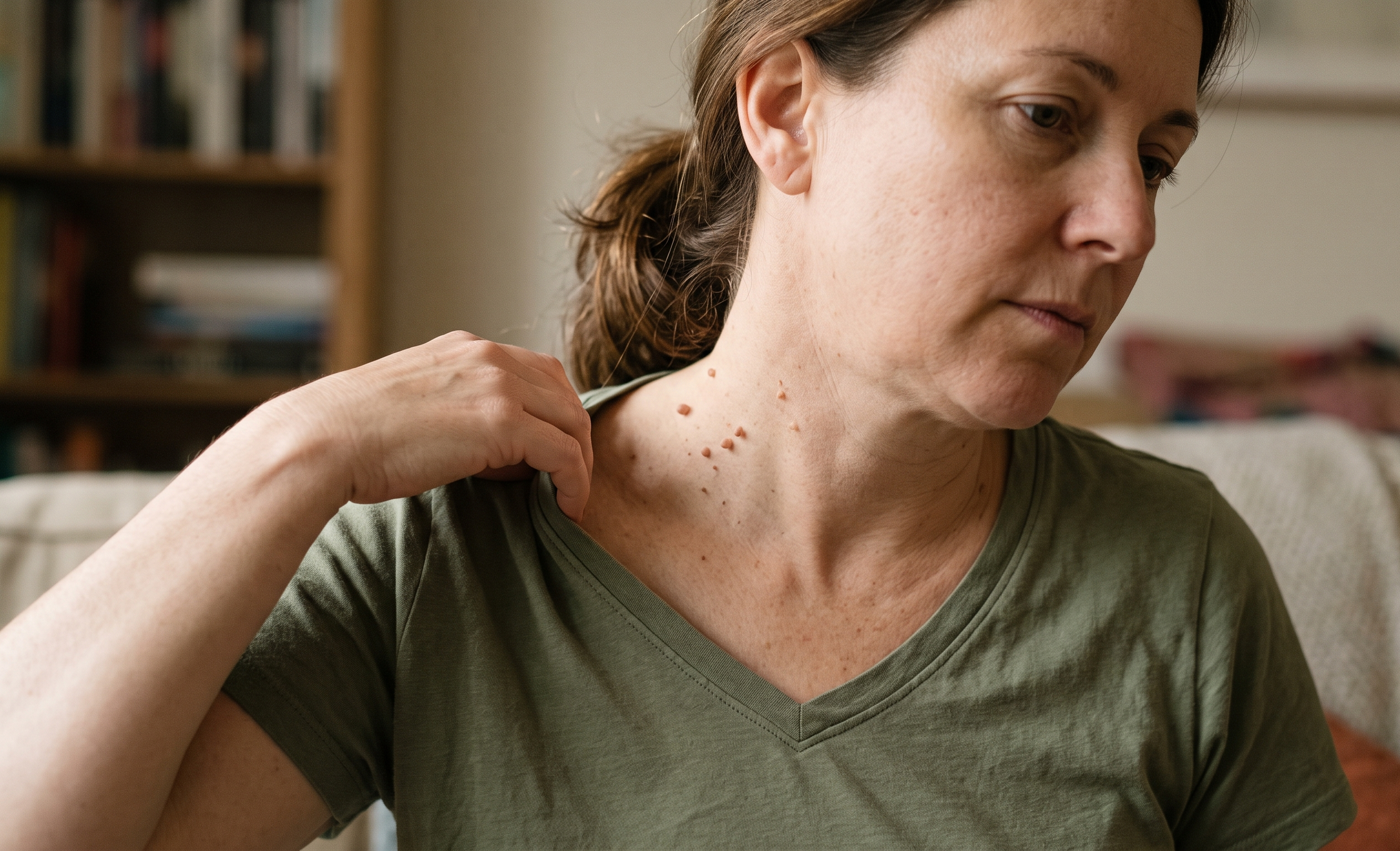 Woman with brown hair in a ponytail scratching her neck, which has multiple skin tags.