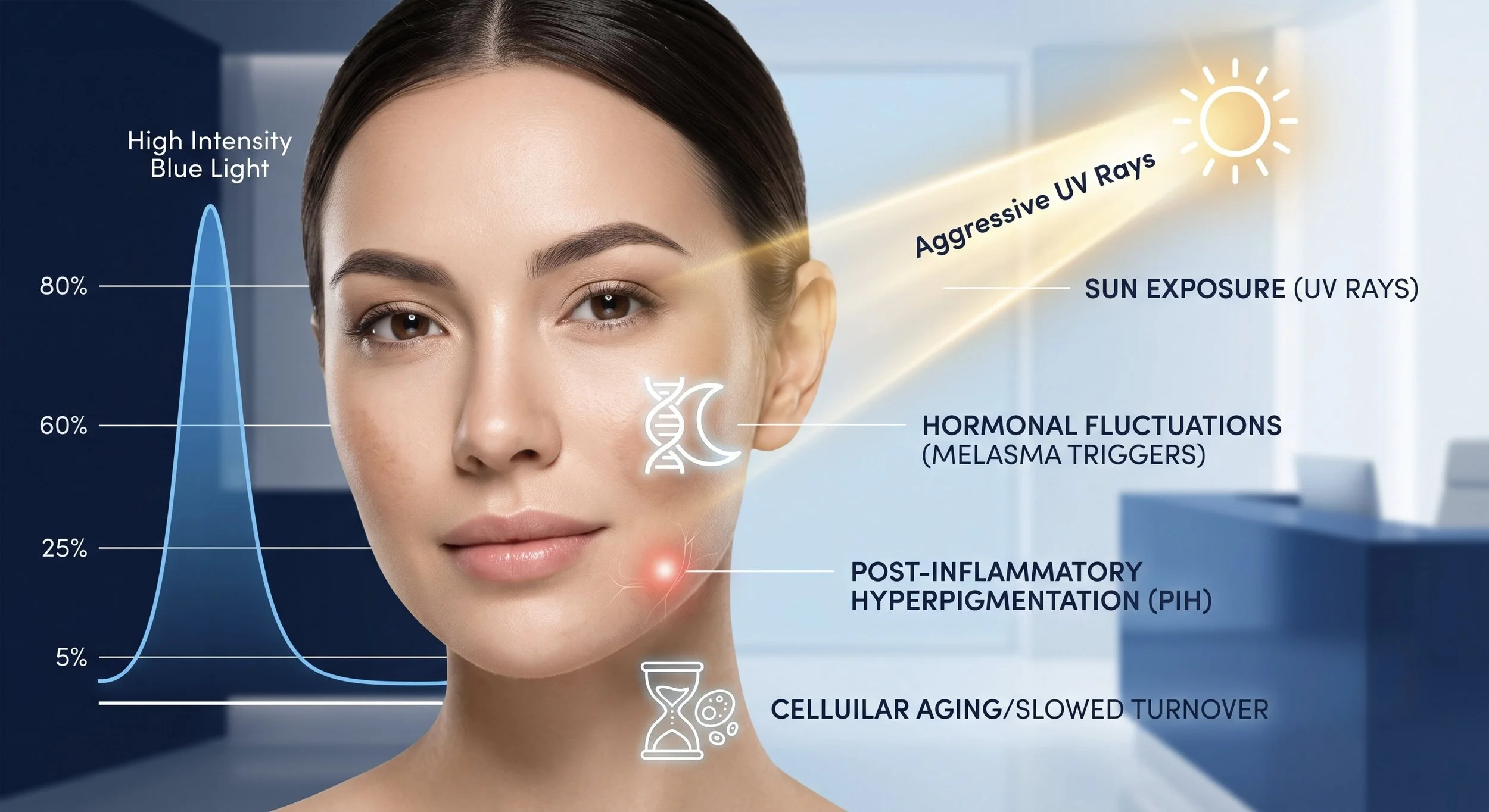 A woman with clear skin is shown in a medical illustration explaining sun exposure effects. The image highlights how high intensity blue light and aggressive UV rays from the sun contribute to hormonal fluctuations, post-inflammatory hyperpigmentation, and cellular aging, with graphical elements indicating sun exposure and light spectrums.