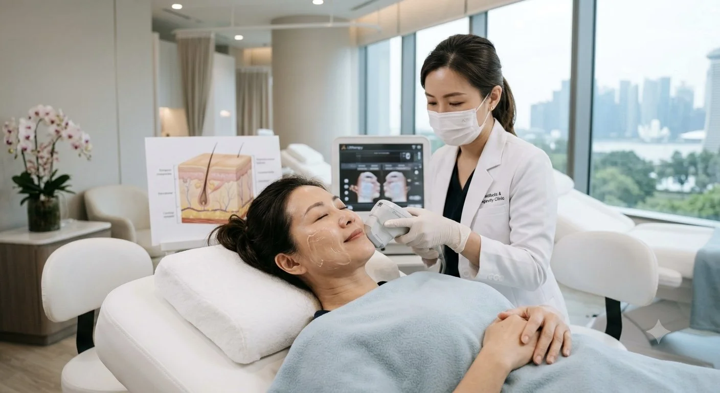 A woman lying on a treatment bed with a facial peel applied, receiving a facial treatment from a medical professional in a modern clinic with large windows and city skyline view.
