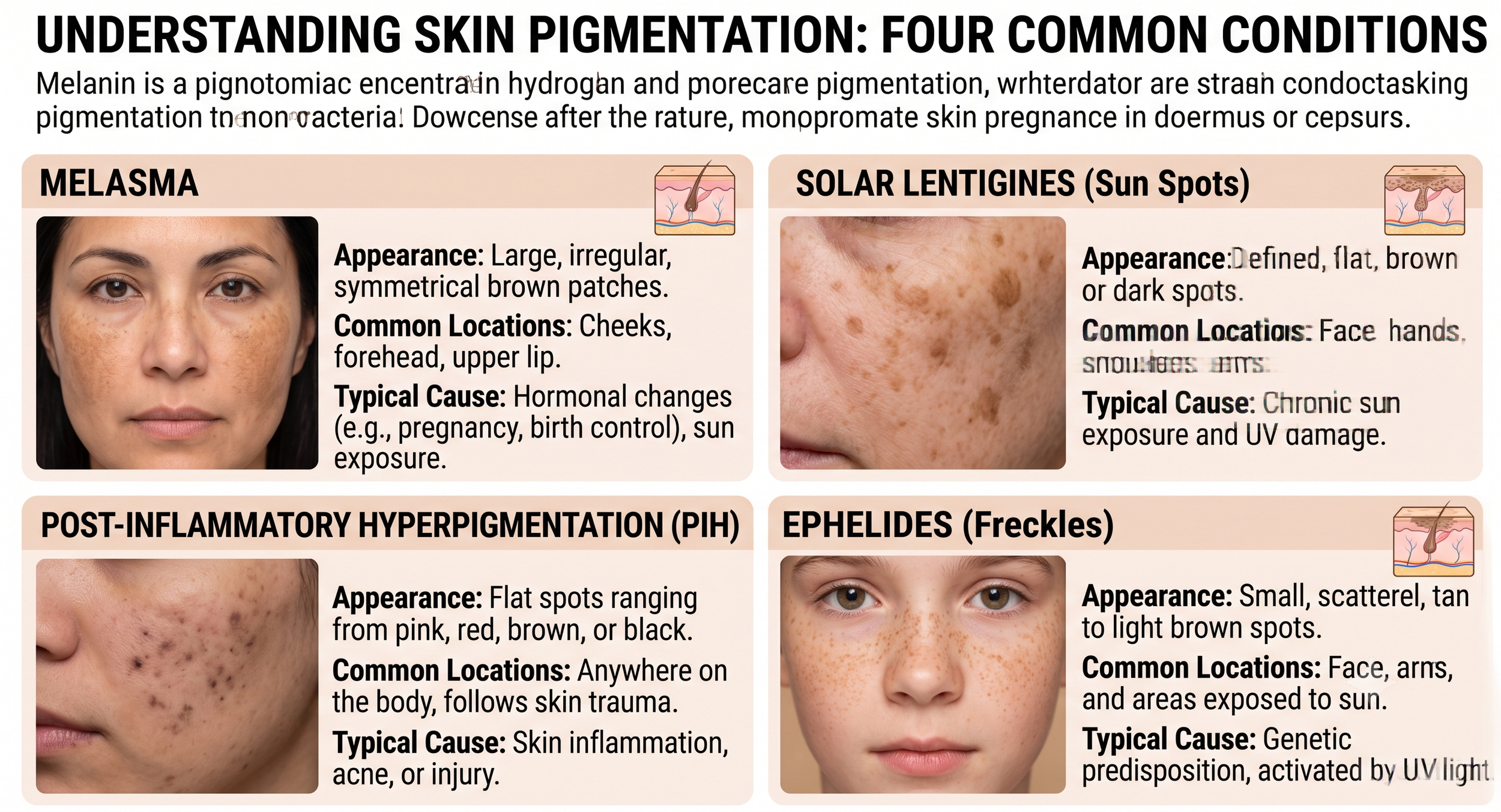 An informational chart explaining four common skin pigmentation conditions: melasma, solar lentigines (sun spots), post-inflammatory hyperpigmentation, and ephelides (freckles), including their appearance, common locations, and typical causes with example images.