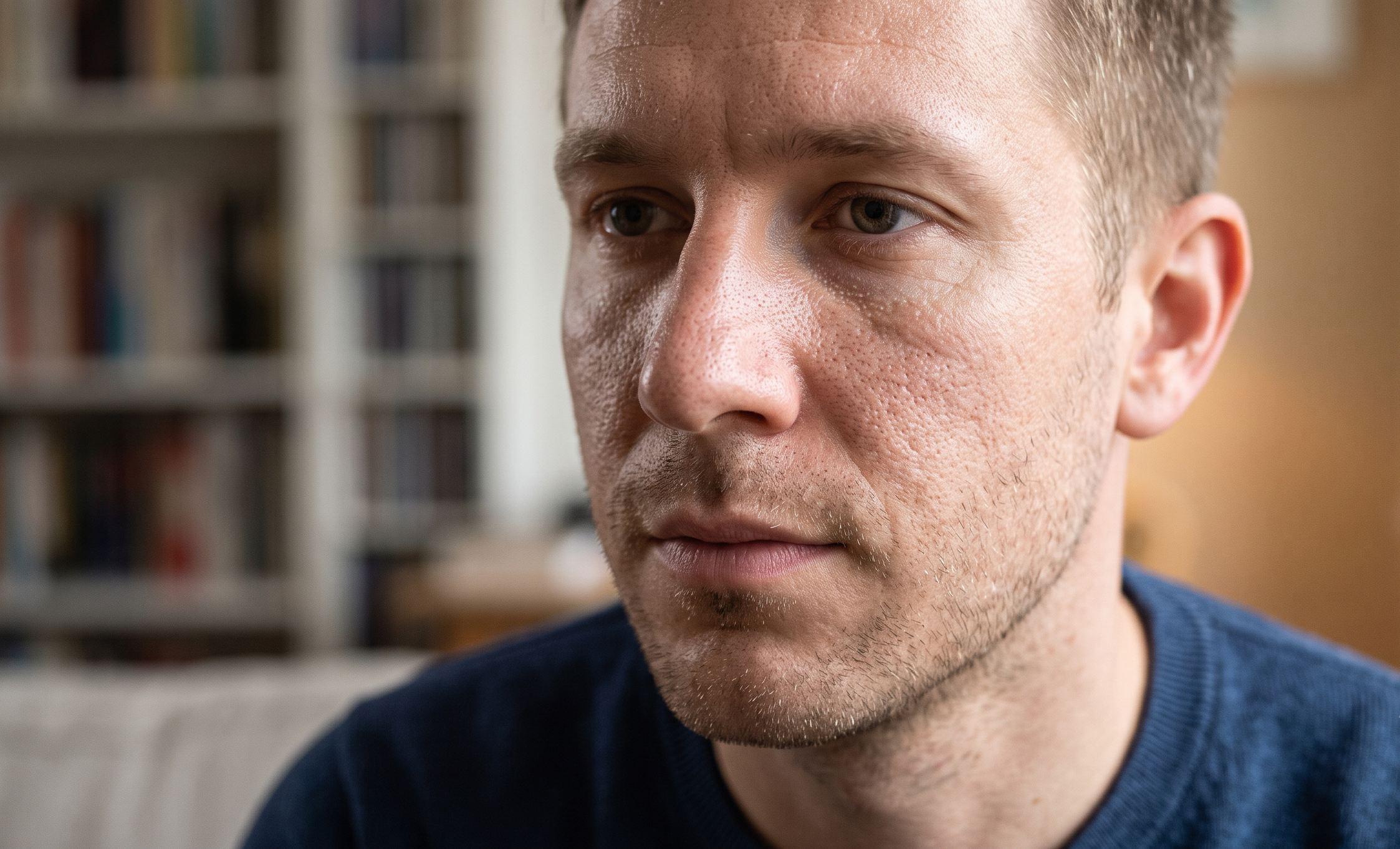 Tried looking, enlarge pores, eyebags, Close-up of a young man with light brown hair and hazel eyes, looking off to the side, with a background of a bookshelf filled with books.