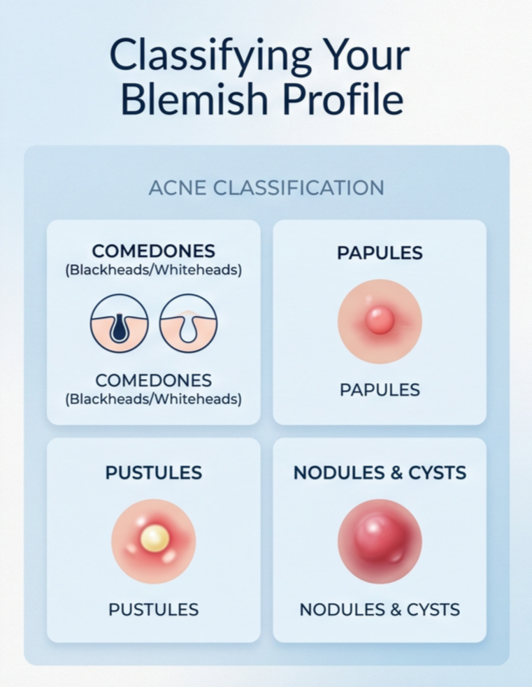 An informational infographic titled 'Classifying Your Blemish Profile' with a section on acne classification. It shows diagrams of different blemishes: comedones (blackheads/whiteheads), papules, pustules, and nodules & cysts, each labeled with a brief description.