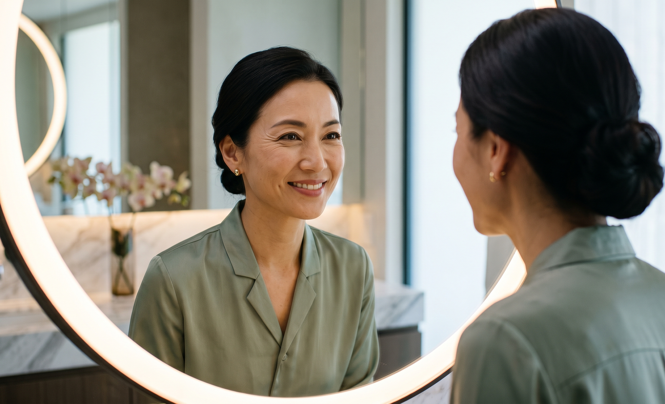 A woman looking at herself in a mirror, smiling, in a well-lit room with flowers in the background.