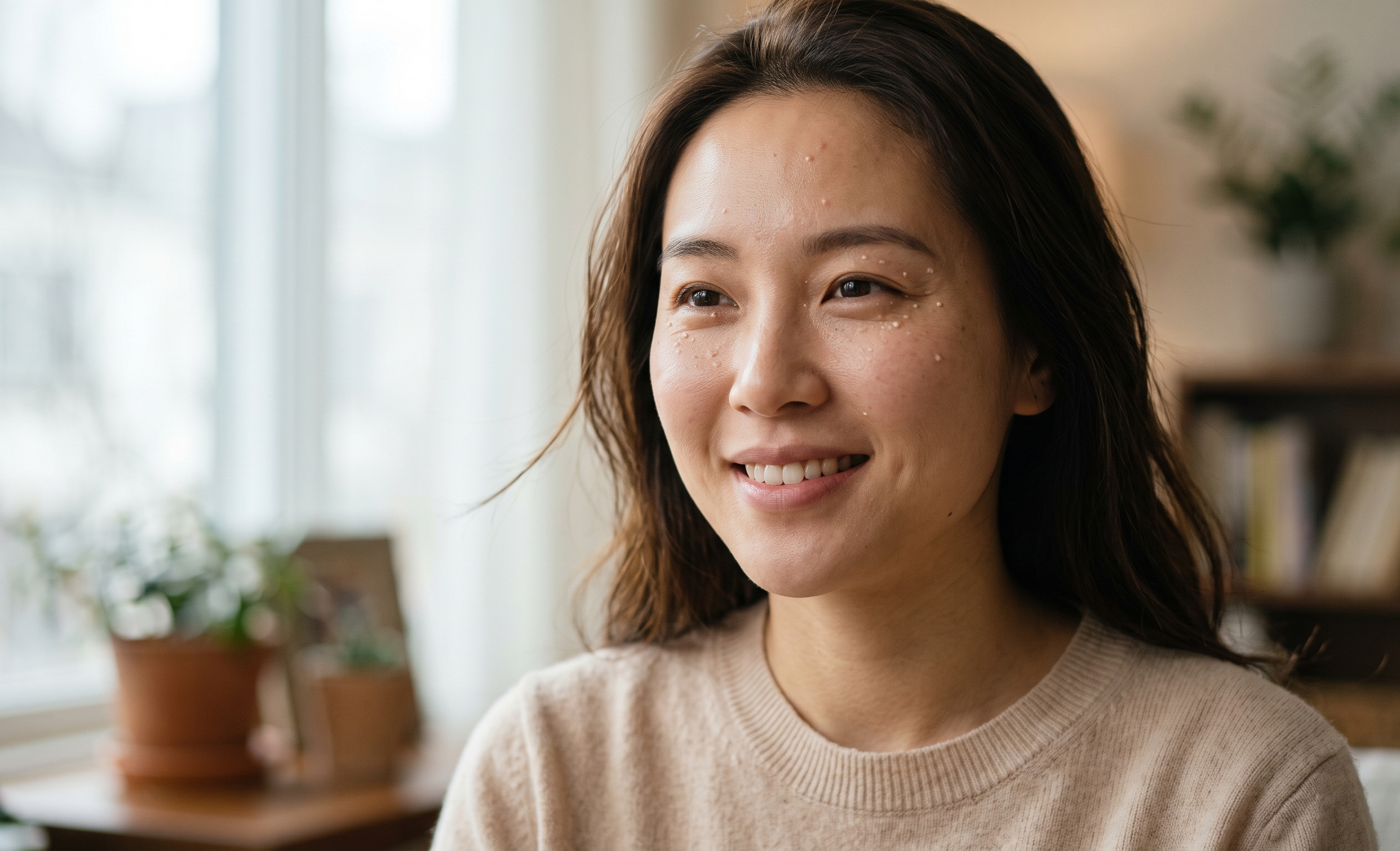 A beautiful woman with good skin, and shoulder-length brown hair smiling indoors with potted plants on a table nearby and light coming through a window.