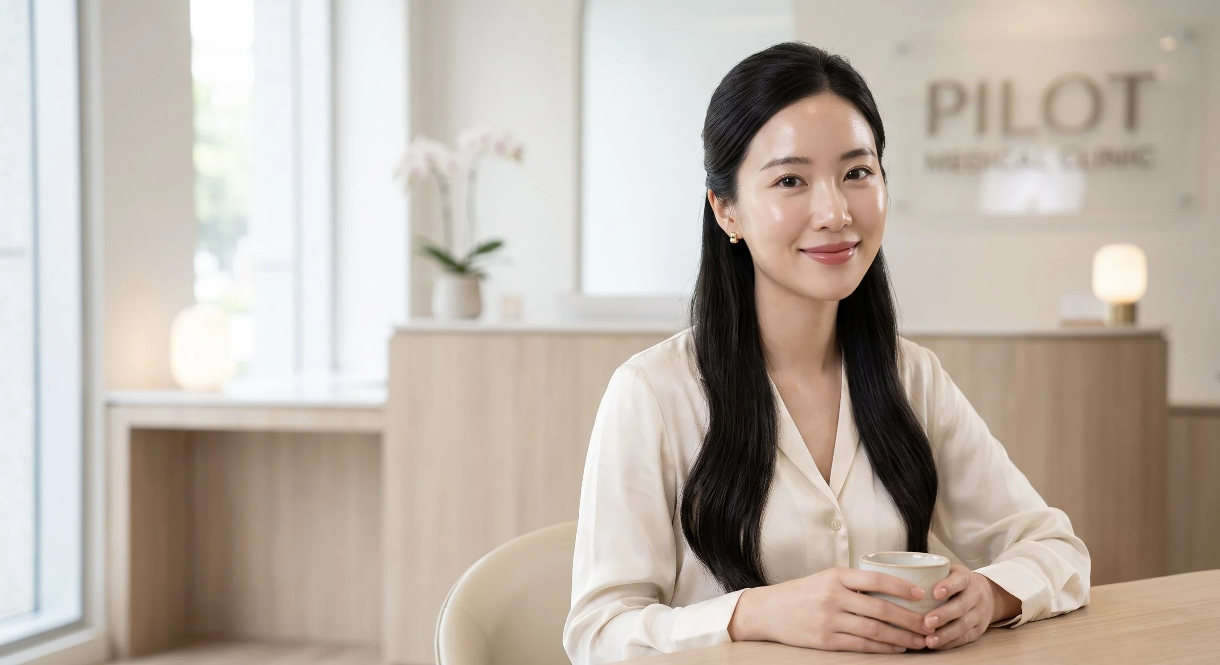 A woman with long black hair, wearing a cream-colored shirt, sitting at a table in a bright, modern reception area, holding a white mug and smiling.