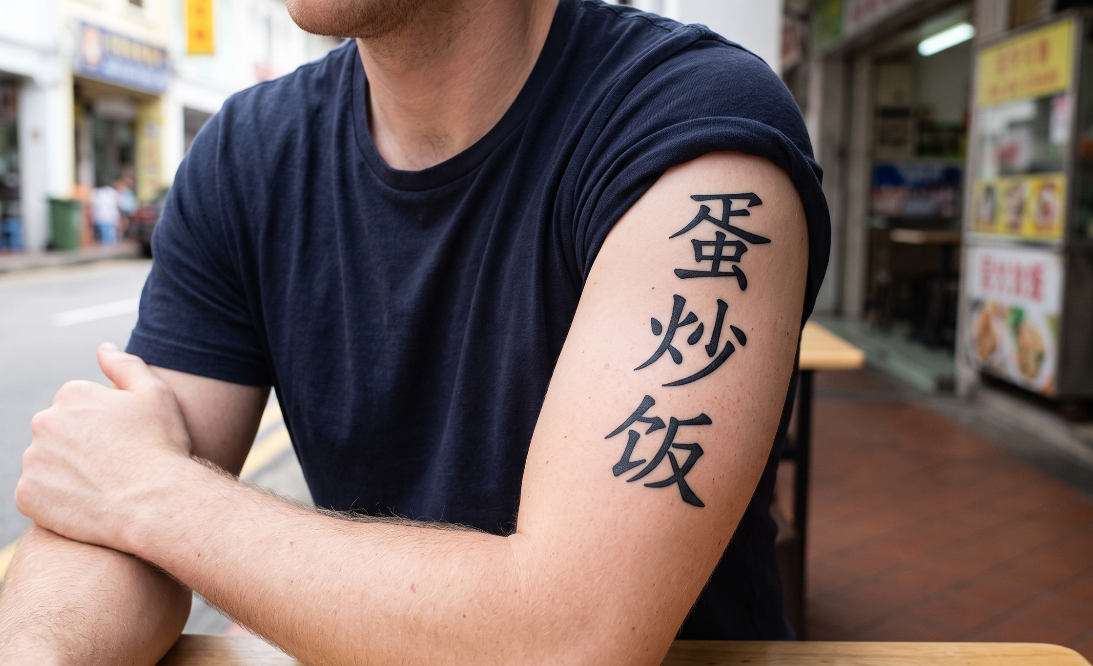 A person with light skin and a dark blue T-shirt sitting at a wooden table outside a shop, showcasing a black tattoo in Chinese characters on their upper arm.