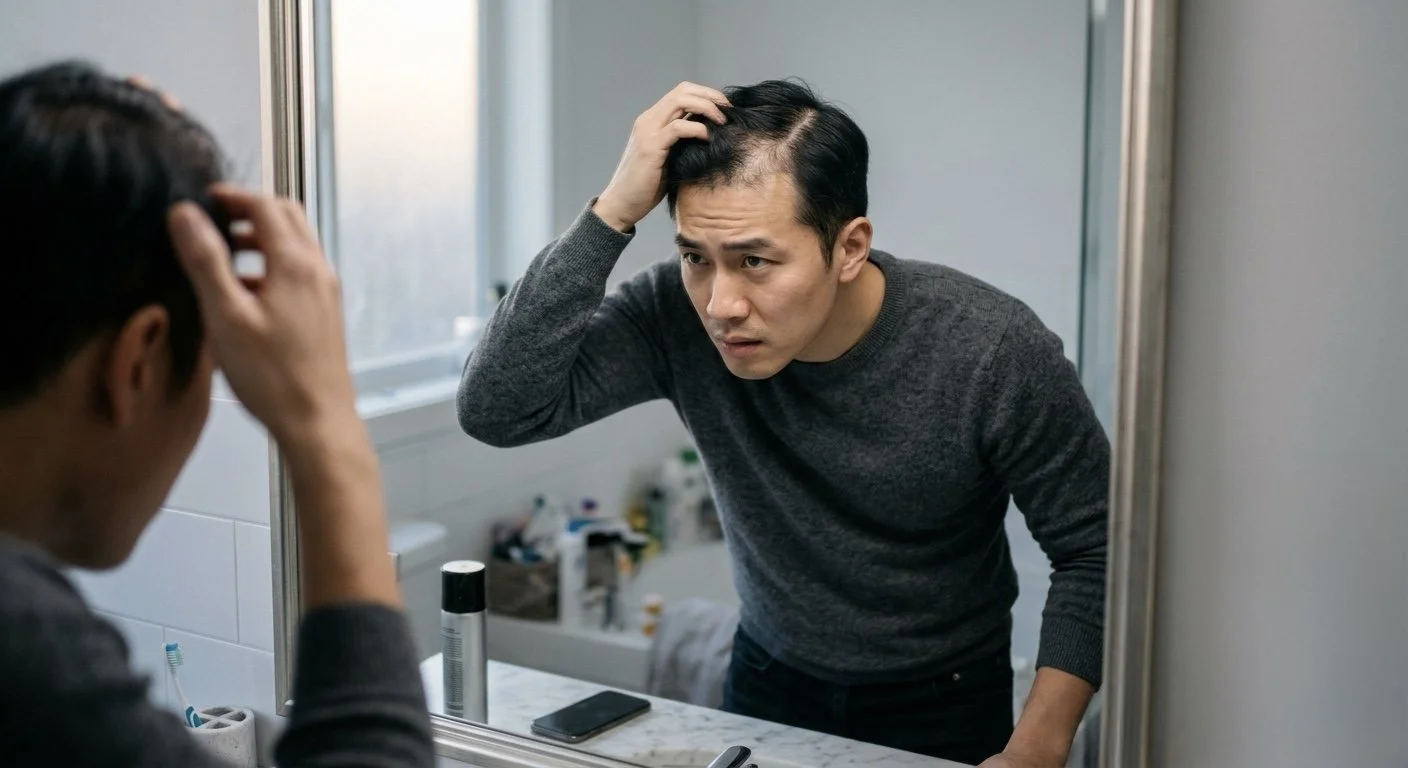 Male pattern bladness, androgenic alopecia, A man looking at himself in a bathroom mirror, examining his hair and scalp, with a concerned expression.