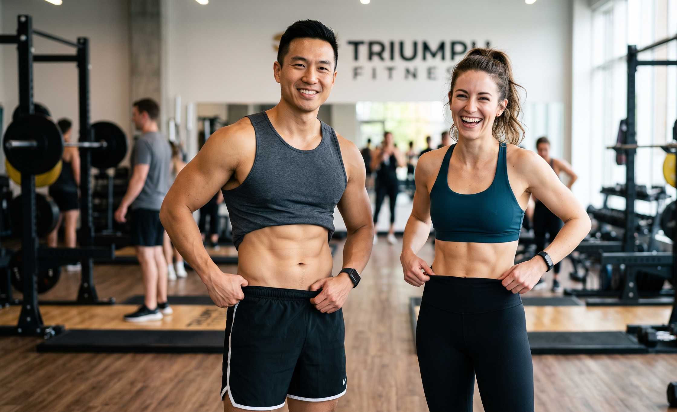 A smiling man and woman in athletic wear standing inside a gym with gym equipment in the background, including weight racks and other people exercising.