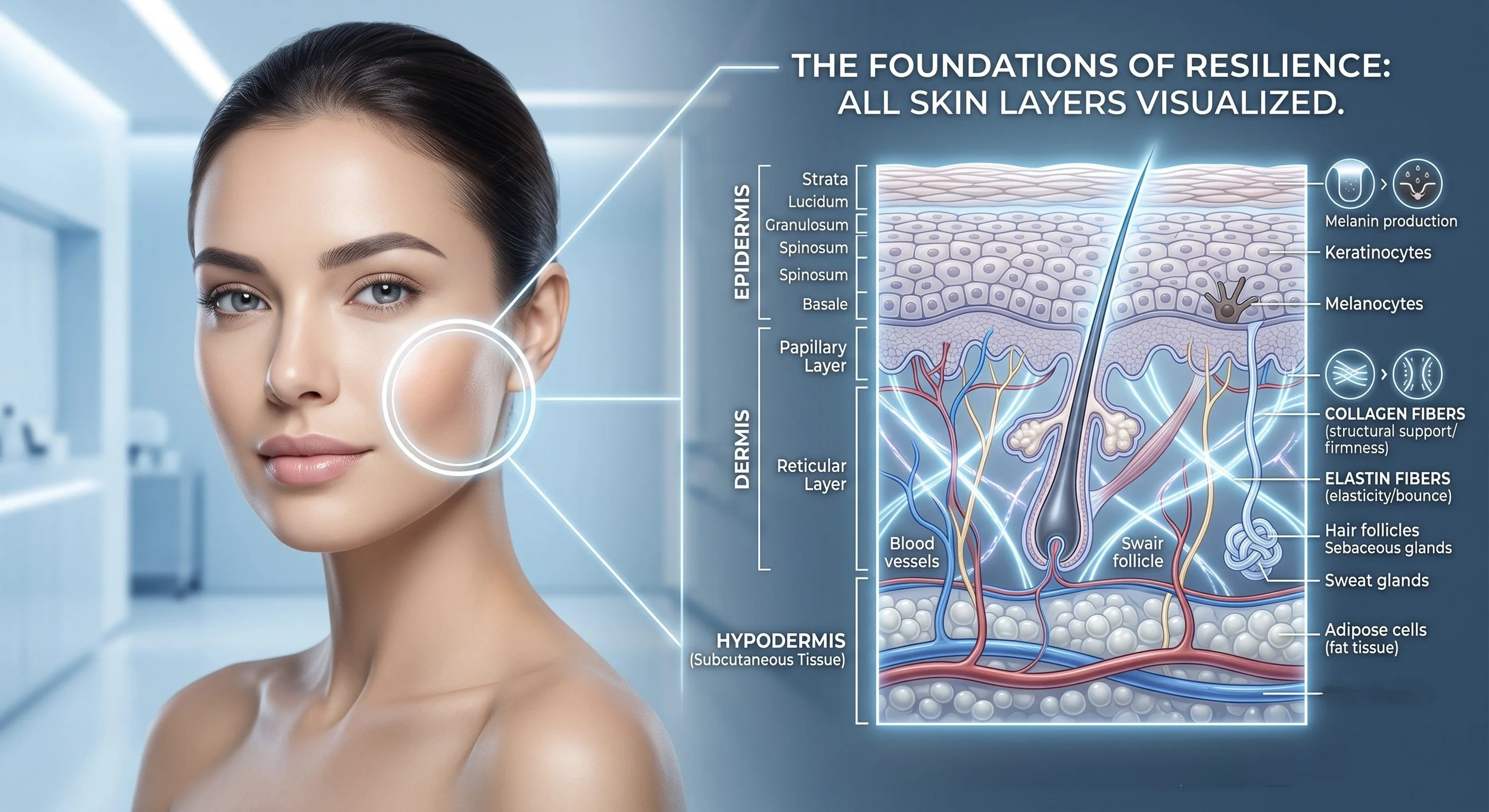 A woman with clear skin and dark hair in a clinical setting, with a detailed diagram of skin layers and structures beside her. The diagram highlights the epidermis, dermis, and hypodermis, including skin cells, blood vessels, and hair follicle structures, illustrating skin resilience and cellular components.