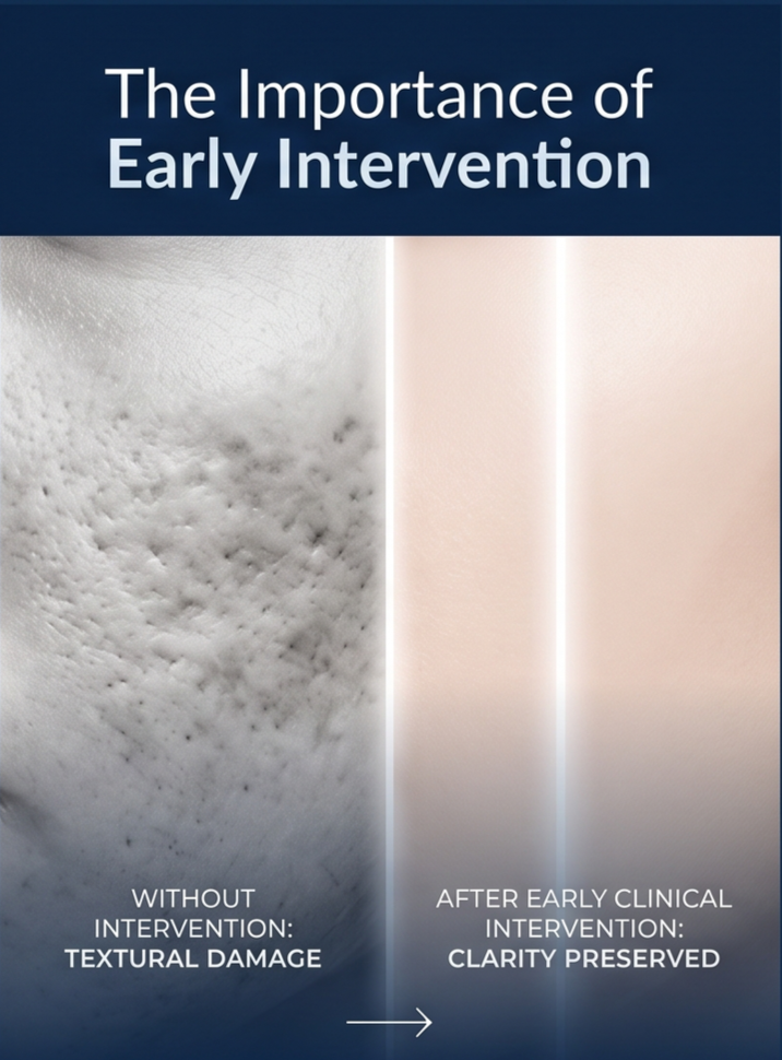 Comparison of skin texture showing rough, textured skin on the left labeled "Without intervention: Texture damage" and smooth, clear skin on the right labeled "After early clinical intervention: Clarity preserved". Title at the top states "The importance of early intervention."